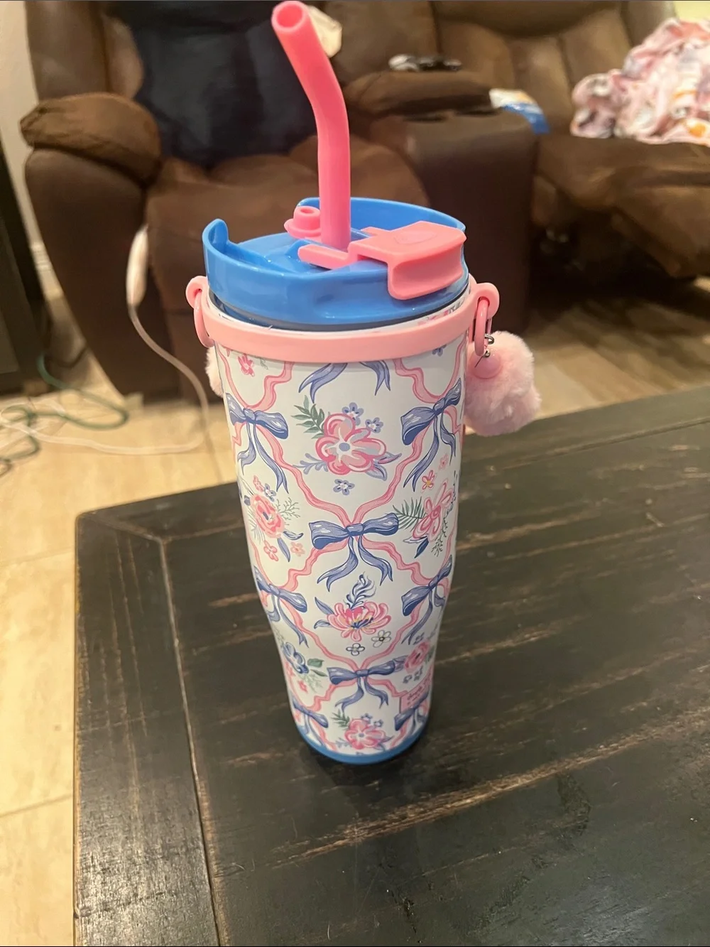 Simply Belle Pink & Blue Floral Insulated Tumbler with Pom Handle